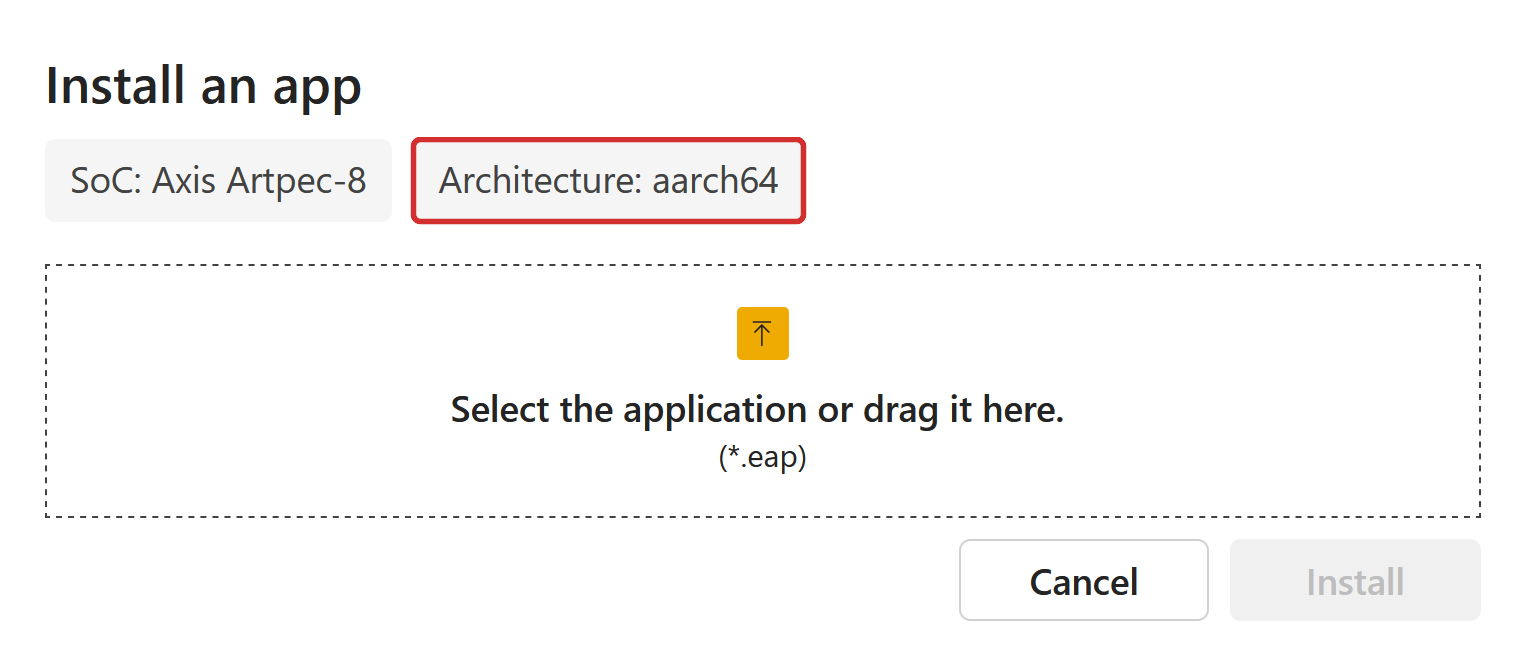 The Add app dialog of an Axis camera, with the architecture highlighted